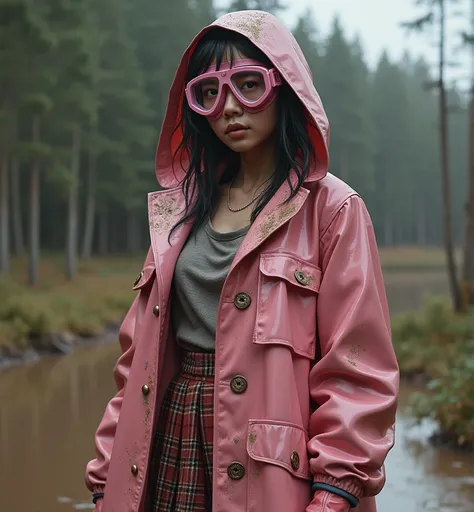 realistic asian lady, large pink frame glass diving goggles covering eyes, long pink shiny buttoned hooded thick swedish raincoat, (((buttoned up))), metal buttons,(((covered in wet mud))), Cowboy Shot, short plaid skirt, Feet Out Of Frame, full budy