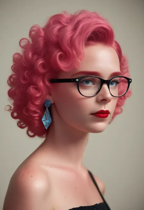 Slightly curly hair, rimless glasses, small spots under the corners of the mouth, / {{note lilac earrings, slightly closed mouth, red lips, Surrealism, High detail, strong chiaroscuro, film grain, panorama, Ultra high resolution, accurate, Textured leather...