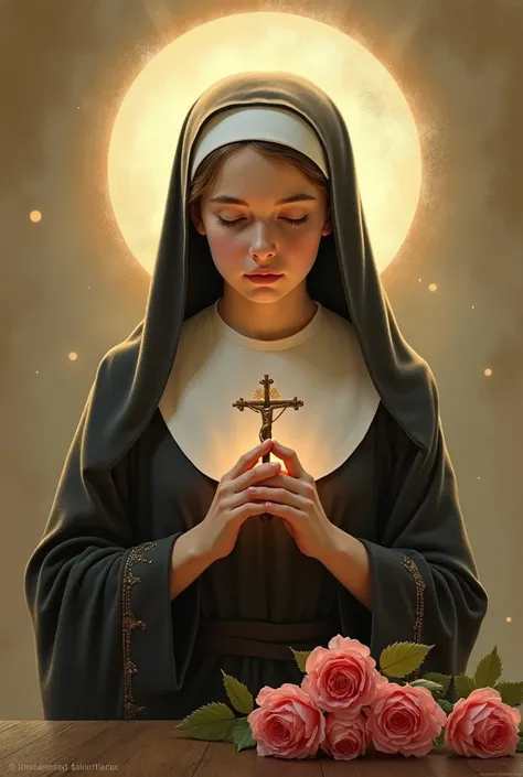 Create an illustration of Saint Thérèse of Lisieux, also known as Saint Thérèse of the Child Jesus, for her feast day. Saint Thérèse should be depicted in a contemplative and serene posture, emphasizing her role as a Doctor of the Church in childhood spiri...