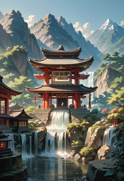 2. View of the mountains with a waterfall and a pagoda in the middle, Han Gang&#39;s drawn scene, CG Society Competition Winner, fantasy art, fairy tale chinese town, Chinese landscape, chinese fantasy, from trees and a fantastic valley, View of the ancien...