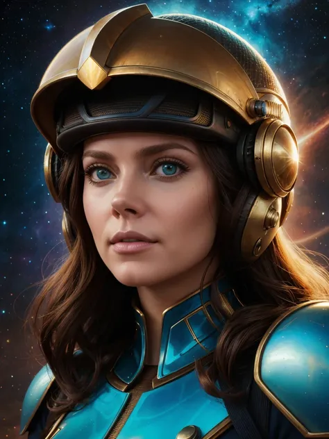 A close-up of a woman wearing a helmet and a science fiction., boris vallejo y tom bagshaw, prophet graphic novel, cosmic artifacts, inspired by Earl Norem, deep sleep, Awarded at CGsociety, She looks a bit like Amy Adams., steampunk turquoise gold, year 2...