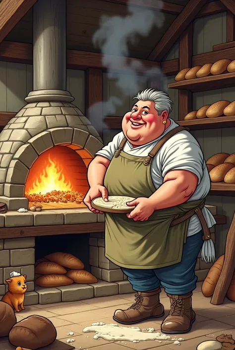 A Comic medieval baker using a wood-fired oven to bake bread.