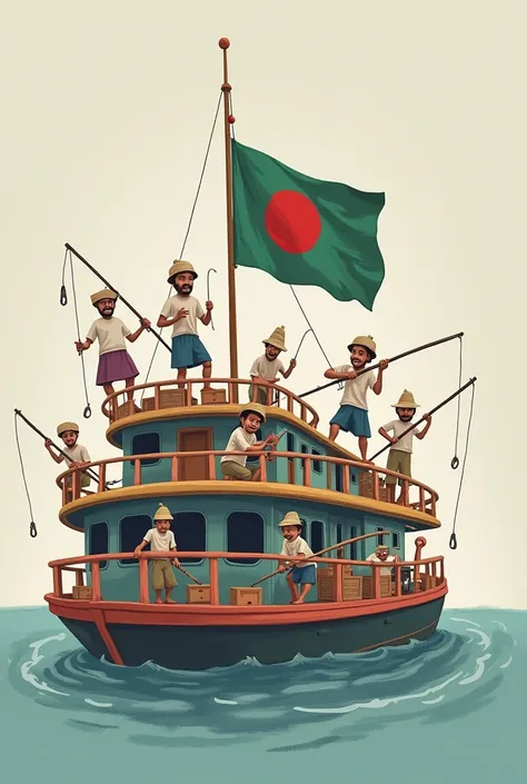 **Humorous Flag Design Prompt:**

Design a flag with a grey background that playfully depicts a ferry or boat at the center. On the deck, illustrate a group of Bangladeshi men engaging in humorous antics—perhaps trying to balance crates, fishing with overs...