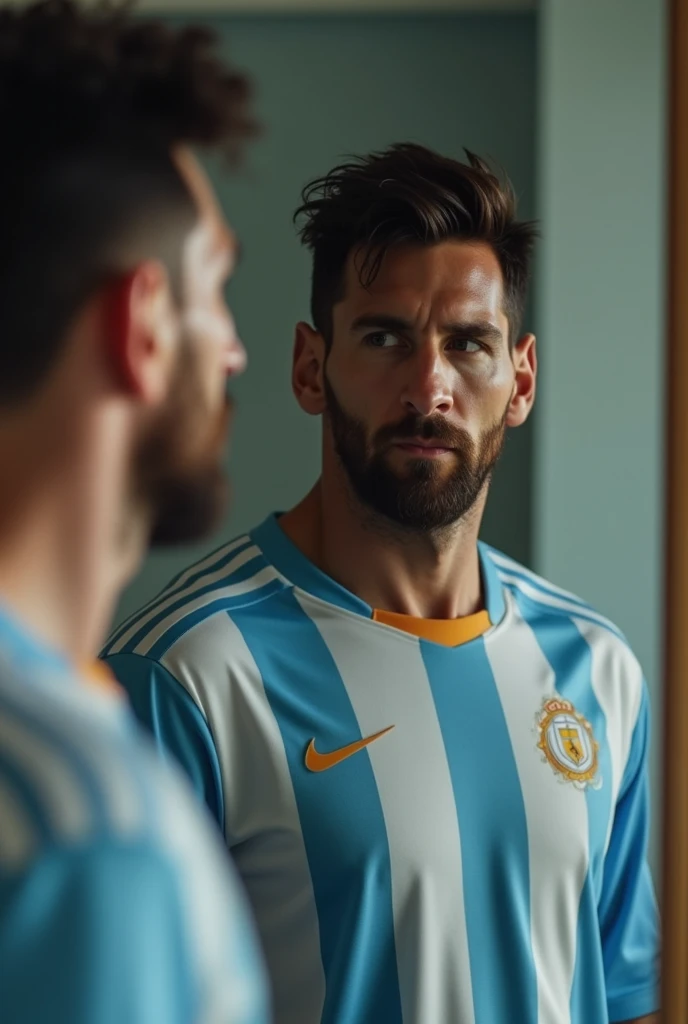 Leonel Messi looking at himself in a mirror 
