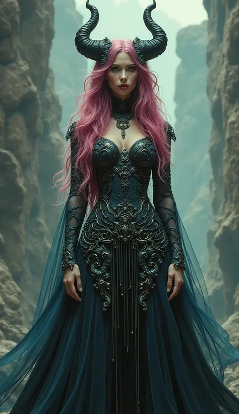 brightly colored hair of a woman standing tall, full body fascinating breathtaking dress covered her breast, with horns and horns on her head, fully clothed woman, epic fantasy art style hd, colorfull digital fantasy art, epic fantasy digital art style, ep...