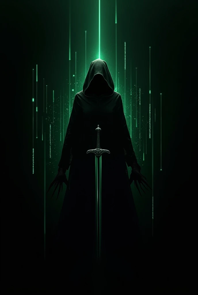 Main symbol: Use a dark or shadowy Android silhouette with a sword stuck into the Android to convey an attack or infiltration. Background: Use a black background to give the logo a sense of depth and mystery. Pattern: Add a technological touch with green, ...