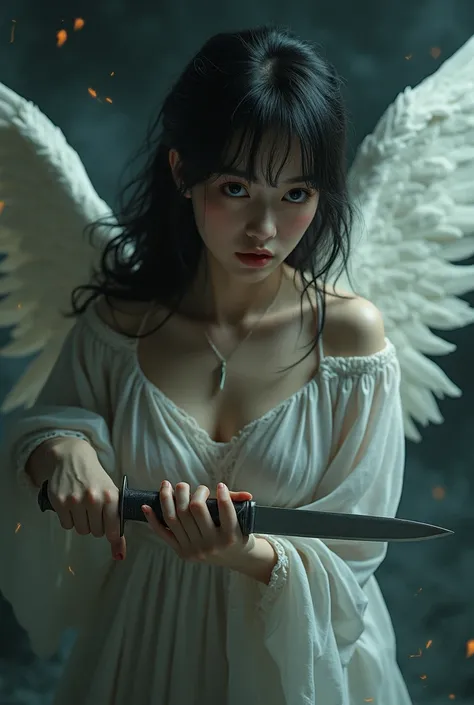 girl angel with a knife and crazy evil eyes