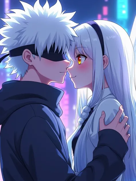 The image depicts a tender moment between two characters. The boy has spiky, white hair and wears a black blindfold, gently kissing the girls forehead. The girl has long, silvery-white hair, her large eyes glowing a soft orange, adding a touch of magic to ...