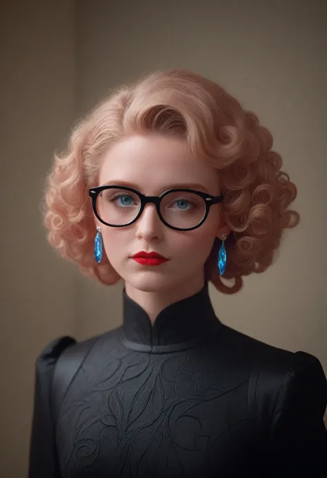 Slightly curly hair, rimless glasses, small spots under the corners of the mouth, / {{note lilac earrings, slightly closed mouth, red lips, Surrealism, High detail, strong chiaroscuro, film grain, panorama, Ultra high resolution, accurate, Textured leather...