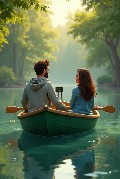 Style pixar Un homme brun a barbe en sweat a capuche gris dans une barque verte avec les pagaies dans les mains en face une femme chatain cheveux ondulé avec un pull bleu. In a pond surrounded by trees. Et un signe noir dans leau 