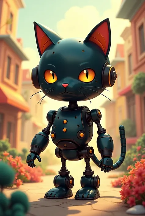 fullmetalbot cartoon universe. a 30cm tall black cat robot.  face of a humble cat. no lights, thin and agile