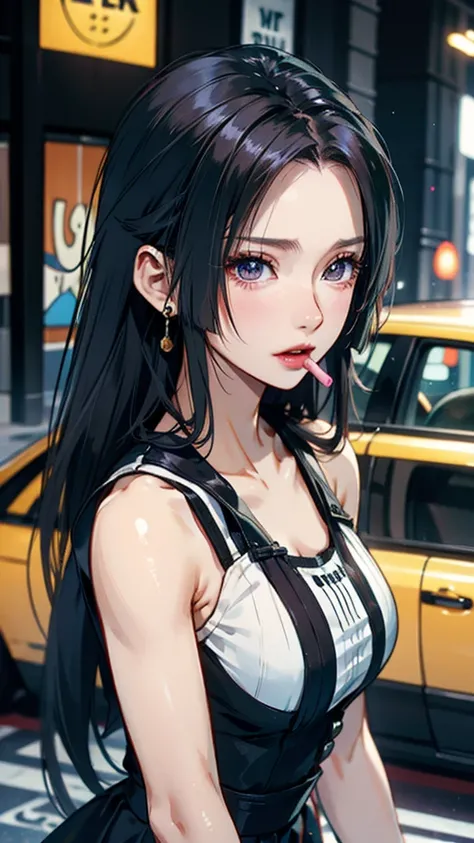 Upper body, close up, anime, anime cg, 1  girl, blackberry hair, long ponytail,solo, looking at viewers, open shoulder, street view, short skirt, eating lollipop, (very detailed background:1.0), (highly detailed background:1.0),