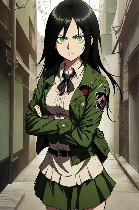 anime girl with black hair and green jacket posing for camera, from attack on titan, attack on titan covert art, in attack on titan, portrait of eren yeager, female anime character, official art, portrait of a female anime hero, attack on titan anime style...