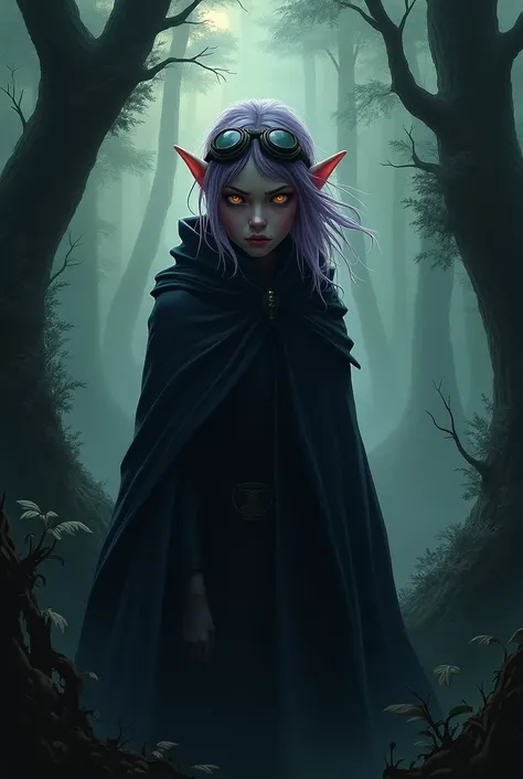 An elf with messy hair and shades of lilac, wearing protective glasses on the forehead. His gaze is serious and closed, with amber eyes. He wears a dark cloak, that contrast with their environment. Around her, a dark forest with tall trees, dense foliage a...