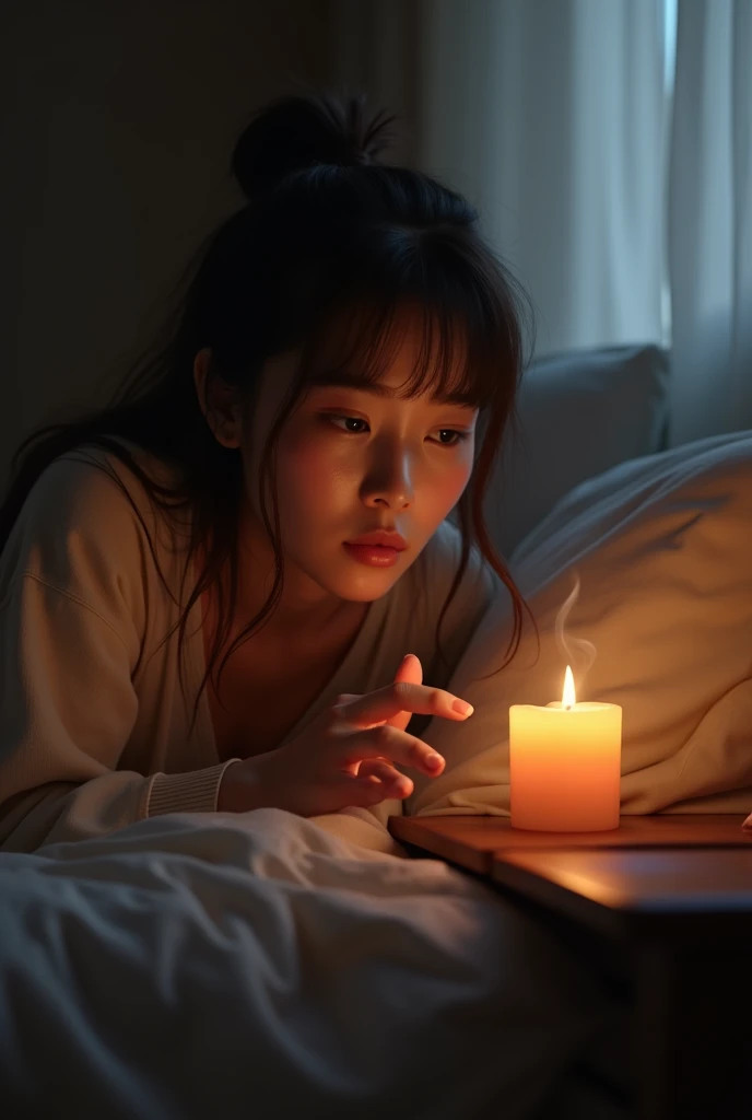 A woman blowing out a candle in her bedroom before going to sleep realistic image 