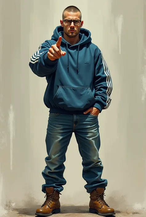 Buzzcut haired young man with square glasses dressed in brown boots, Bluejeans, blue hooded sweater with a white stripe on his arms. Pointing his finger forward with a murderous look on his face. Similar a yusuf dikec