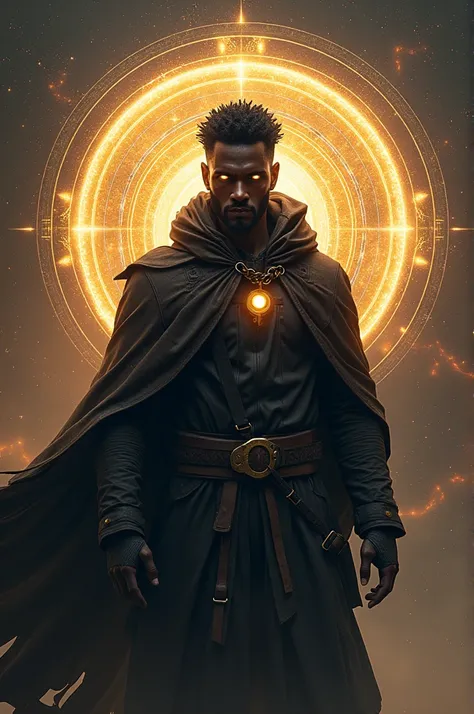 VkR cyberpunk elite dark skinned male gamer with tattered cape, golden iris, time celestial sigil centralized behind him, black hole ability.