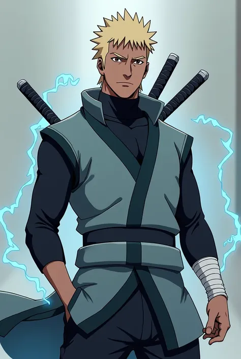 Create a Boruto-style version of Raiden A. He has dark, deep brown skin, just like his father, the 4th Raikage. His hair is blonde, slicked back with some spikes, exuding a commanding presence. Now 40 years old, he has a more muscular and mature physique, ...