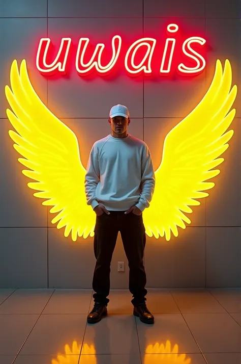  In this striking and futuristic scene, a mysterious individual stands confidently in front of a mesmerizing neon wall. The individual’s casual attire – a white sweater, white cap, black pants, and black shoes – contrasts with the vibrant neon wings in bri...