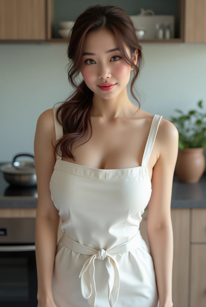 1 indonesian woman , indonesian, alone, brown ponytail, big breasts, cleavage, full body, thighs, naked:1.2, (white apron), (front view), kitchen modern background, smiling, blushing:1.3