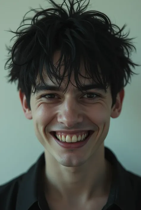 realistic, solo, teeth, black_hair, 1boy, smile, male_focus, portrait, black_eyes, looking_at_viewer, horror_(theme), real_life_insert, grin