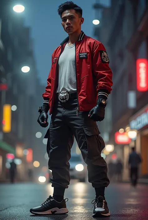 A handsome Indonesian man with short hair, a little teasing, White shirt, jacket today, red size, short sleeve length, cargo pants 3/4 cream colors, black and white sports shoes, wearing black gloves in the style of transforming into power rangers and hold...