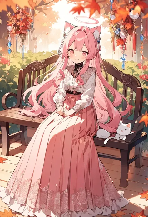 Anime, boy like Japanese girl, bright and cute, flat illustration, one person, pink hair, long hair, cat ears, cat taIl,angel wing, halo,(((very long skirt, maxi skirt, pleated skirt, elaborate lace decorations, gorgeous decorations))),smile,heart, sitting...