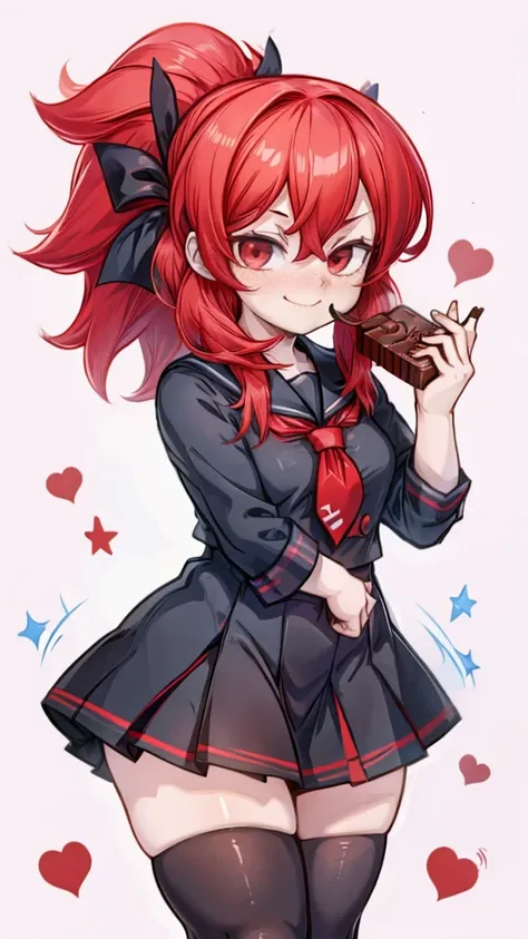 Girl, red hair, two ponytail, red eyes, black school uniform, neko, smile, blush, eating chocolate, 