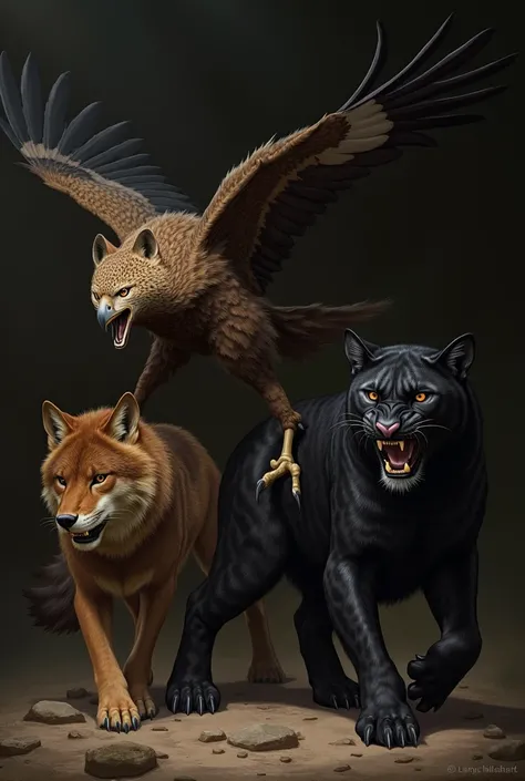 Maned Wolf next to an eagle, Black Panther and a Jaguar, with dark background all animals in an aggressive and wild way
