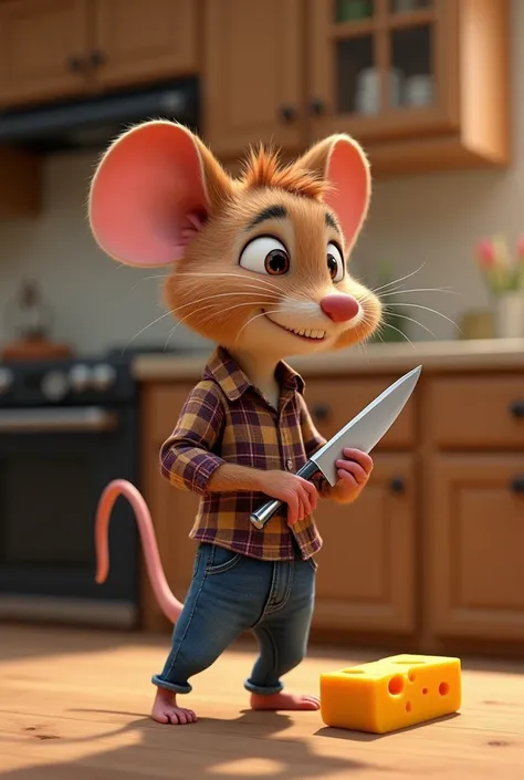 A little brown mouse with a human posture, jeans and plaid shirt dress, the mouse standing in the kitchen and cutting a slice of cheese with a knife, pixar image