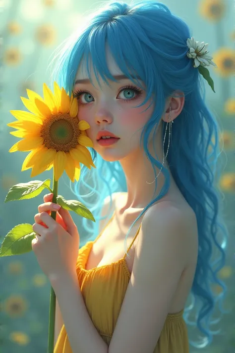 blue haired girl holding sunflower