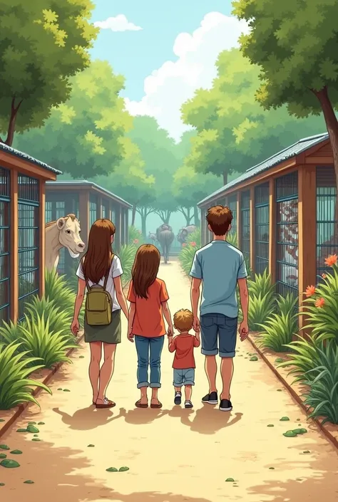 A simple zoo image to show a  to identify as a zoo, with the kid walking with mom and dad back view facing the animals in different cages like a drawn image with the animals in different cages