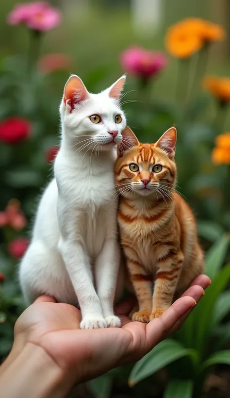 Create an image of photo frame in hand of brown cat in which a White handsome white male cat standing with brown beautiful female cat in garden