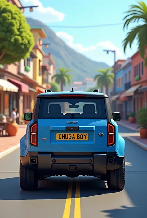 Create a 3D image of a blue ranger Rover with a yellow back license plate that has the name "CHUGA_BOY" capital letters on the road of town