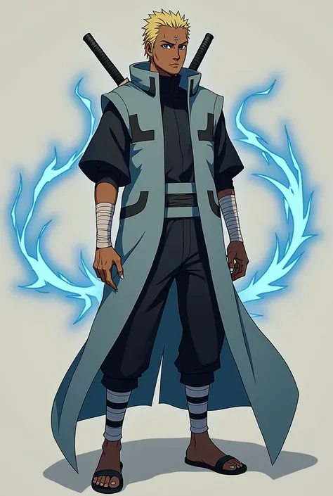 Create a Boruto-style version of Raiden A. He has dark, deep brown skin, just like his father, the 4th Raikage. His hair is blonde, slicked back neatly, giving him a commanding presence. Now 40 years old, he has a muscular and mature physique, reflecting h...