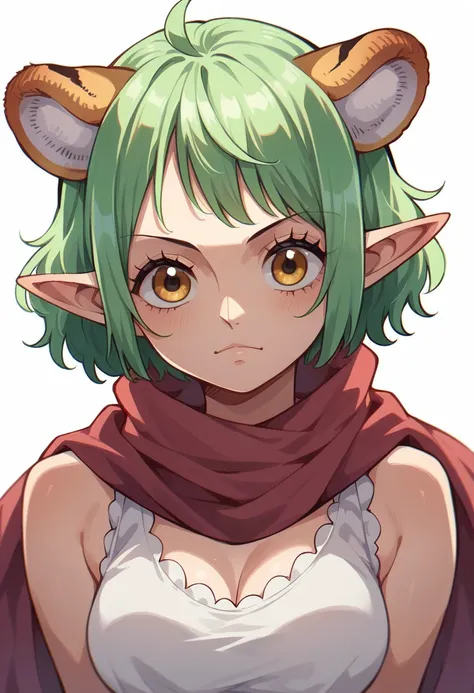 Solo female, girl, cute, Light green head, yellow eyes, tiger ears, Elf ears, one piece, Red scarf