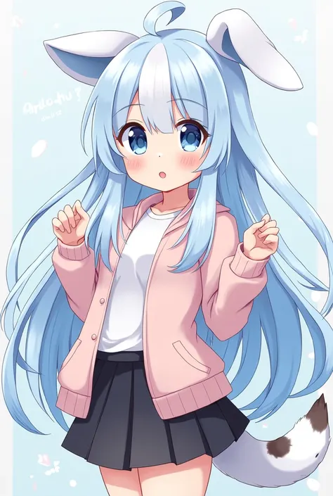 (a girl) with long blue and white hair with a light pink coat and a white outfit and a black skirt with a puppy tail without ears (cartoon style)


