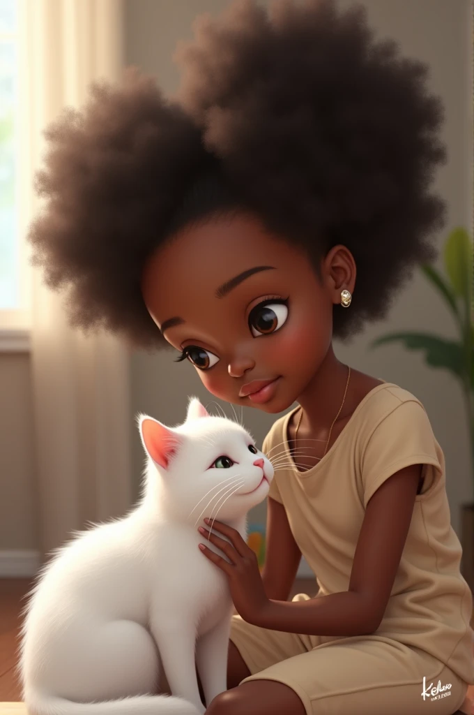 Black girl with white cat