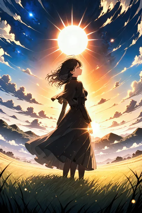 Hair floating in the air, Rear view, Look at the sun, 空にはuniverse船がある, three suns, Black Hair Girl, , Standing in the grassland, landscape, universe, 8k, Super detailed