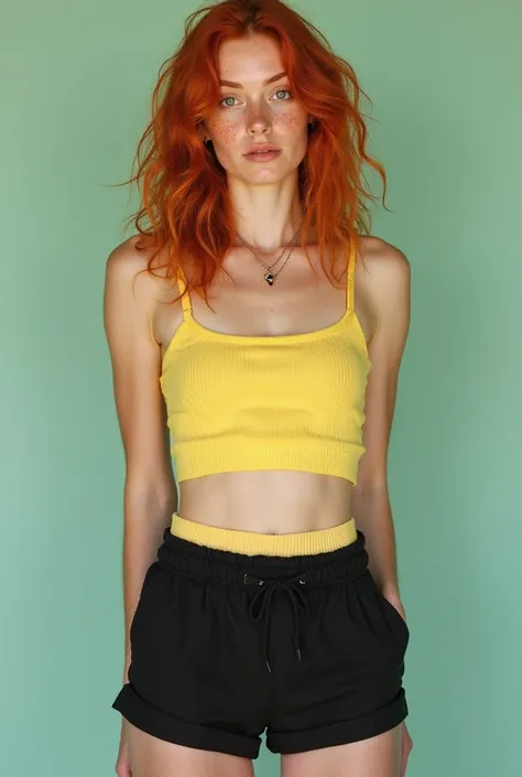 young man with thin body, red hair and green eyes with freckles dressed in a yellow crop top and black shorts and a large white mint
