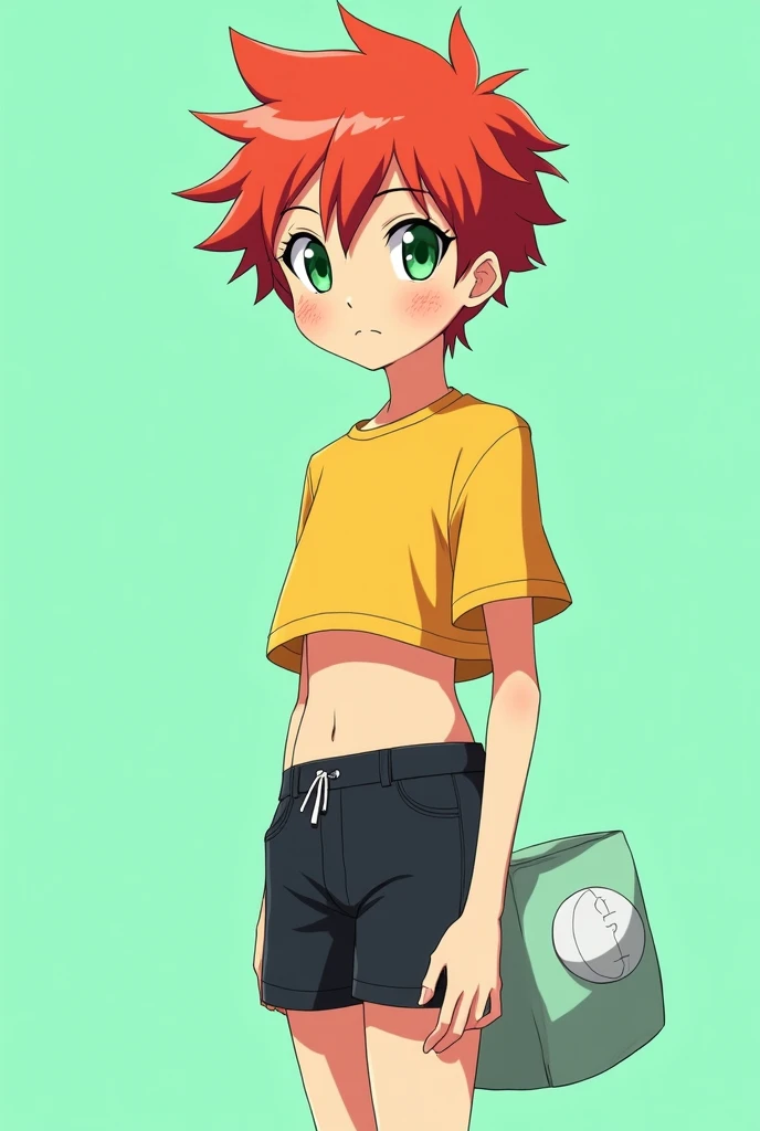 young anime boy with thin body, red hair and green eyes with freckles dressed in a yellow crop top and black shorts and a large white mint
