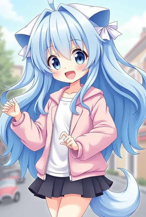 (a girl) with long blue and white hair with a light pink coat and a white outfit and a black skirt with a low puppy tail without ears (cartoon style)


