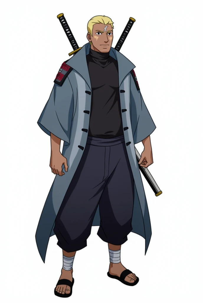 Create a Boruto-style version of Raiden A with a white background. He has dark, deep brown skin, just like his father, the 4th Raikage. His hair is blonde, slicked back neatly, giving him a commanding presence. Now 40 years old, he has a muscular and matur...