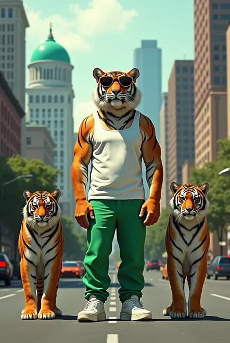 a tiger wearing a white tank top and green pants, with a pair of sunglasses on its head. The tiger is standing on a street with a cityscape in the background. On the left side of the image, there are two other tigers, one wearing a green tank top, brown pa...