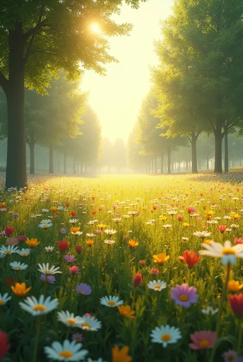 morning、Sunlight filtering through the trees、Flower Field