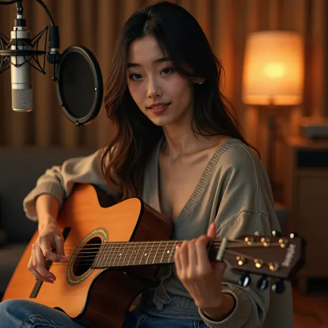 A beautiful chinese girl, detailed eyes, detailed lips, long eyelashes, loose fitting clothes, jeans, playing acoustic guitar, music recording studio, cinematic lighting, warm color tones, photorealistic, highly detailed, 8k, best quality, masterpiece