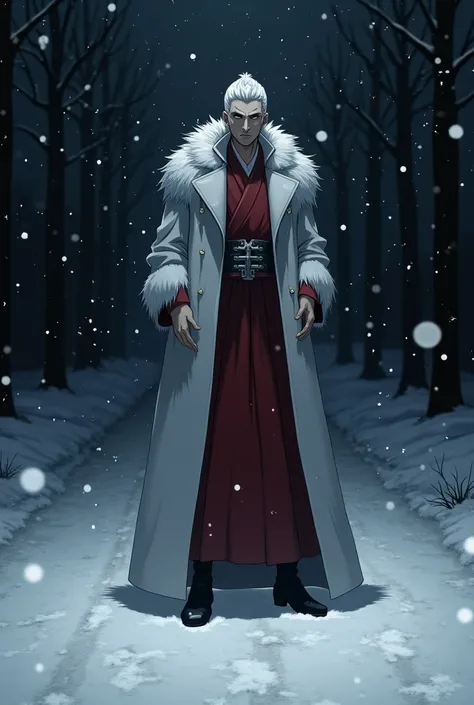 An anime image of satoru gojo stand alone in darkness on a road in snowy night , wallpaper 