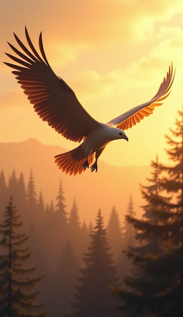 A majestic bird with wide, powerful wings soaring gracefully across a golden-hued sky. The soft colors of dawn blend with the bird’s silhouette as it glides over a tranquil forest. The scene captures the peaceful freedom of nature’s early hours.