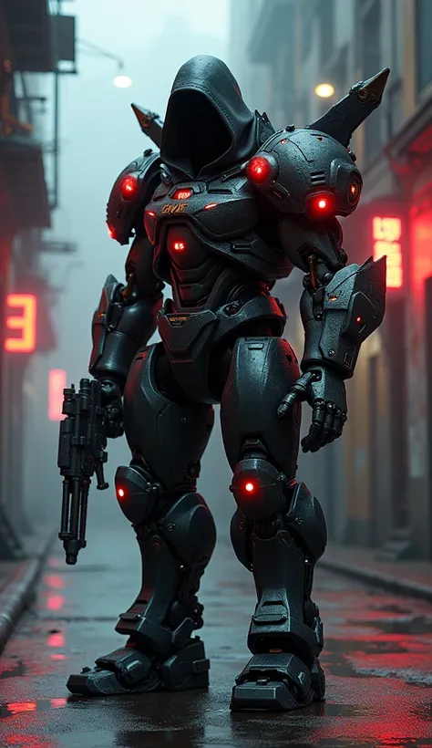 Full-body shot, mecha mercenary with a black tactical hoodie draped over bulky, jagged mechanical armor. The mechanical arms are outfitted with high-tech weaponry, glowing neon red targeting systems visible in the dark. The sinister mercenary stands in a g...