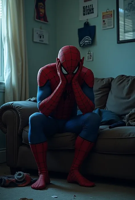 Spiderman sitting at home depressed